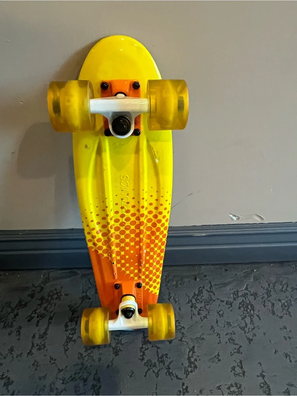Bright Yellow & Orange Kids Cruiser Skateboard with Transparent Wheels